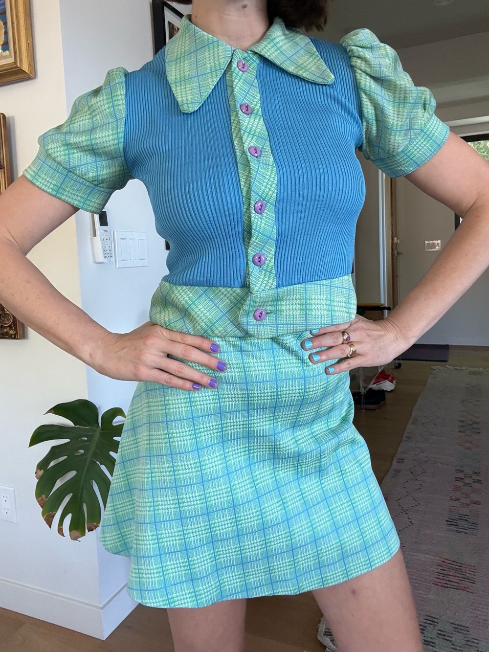 Vintage Blue Ribbed & Green Plaid Two-Piece Set